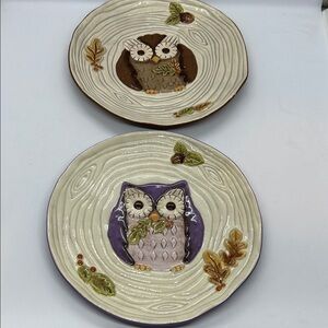 Grasslands Road OWL PLATES  Woodgrain Tree Stump Leaves  Set of 2 NEW WITH TAG
